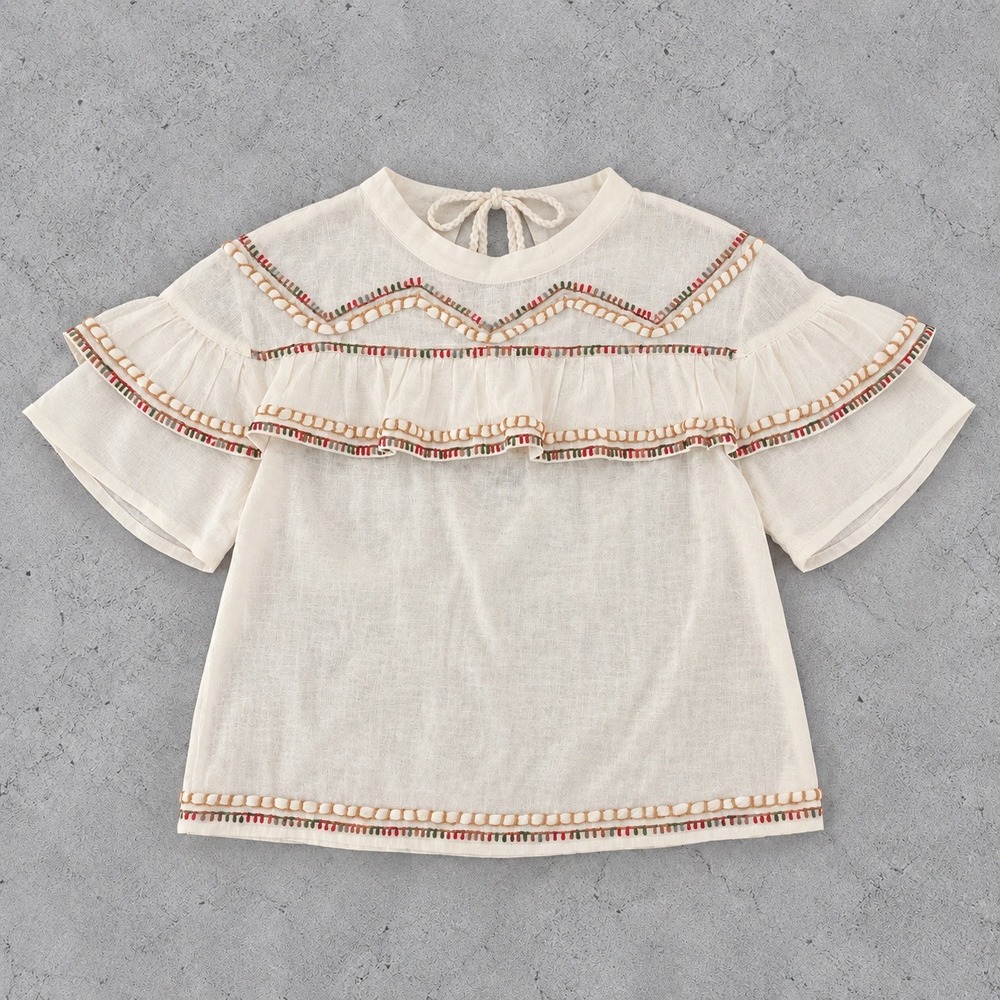 Raga Ivory Cream Embroidered Ruffle Peasant Blouse Boho Chic Top M Cotatgecore